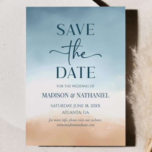 Save The Date Mariage sur la plage de sable de l'océan bleu