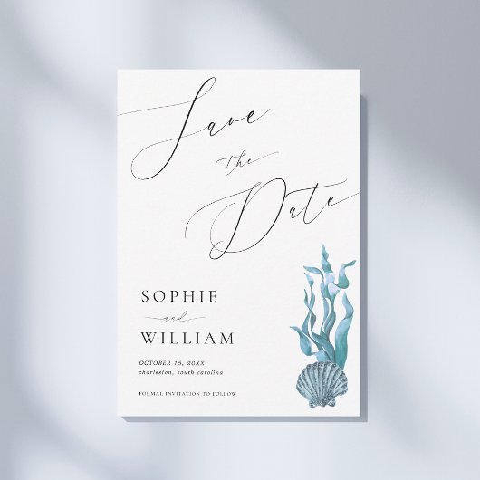 Save The Date Mariage sur la plage océane avec coquillage bleu c