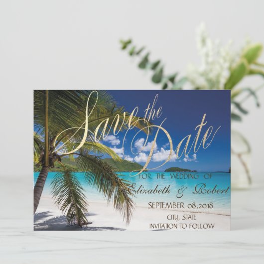Save The Date Mariage sur la plage, Palmiers, Sable Enregistrer (Debout devant)