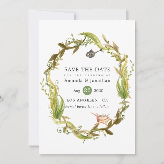 Save The Date Mariage sur le thème de la plage avec algues à l'a (Devant)