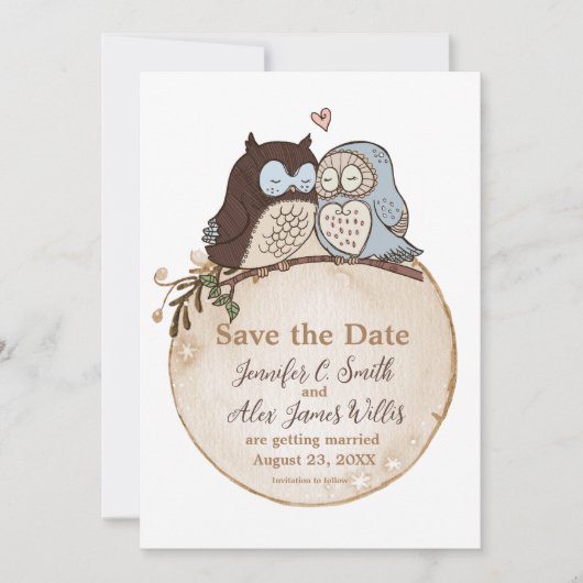 Save The Date Mariage sur le thème du Hibou Mignon Épargnez la D (Devant)