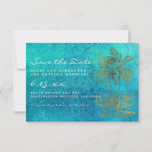 Save The Date Mariage Teal Gold Palmier Tropical Sauver Notre Da (Devant)