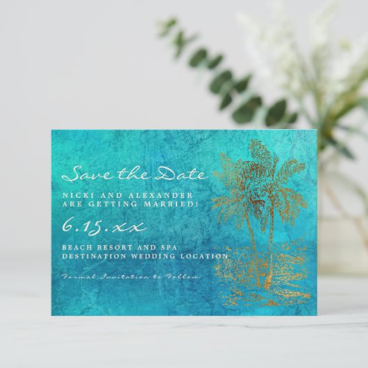 Save The Date Mariage Teal Gold Palmier Tropical Sauver Notre Da (Debout devant)