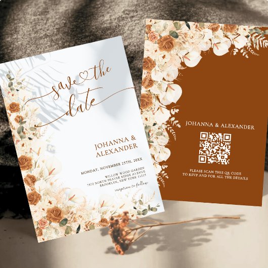 Save The Date Mariage tendance Boho Terracotta Floral QR Code