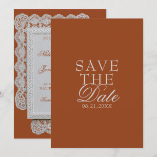 Save The Date Mariage Terracotta Orange Brûlé Dentelle Vieille F