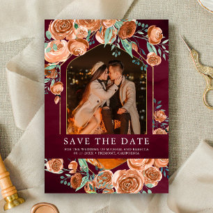 Save The Date Mariage Terracotta Orange Brûlé Floral Bourgogne