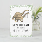 Save The Date Mariage Thème Dinosaure Vert Enregistrez La Date (Debout devant)