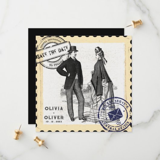 Save The Date Mariage timbre postal rétro vintage (Devant/Arrière en situation)