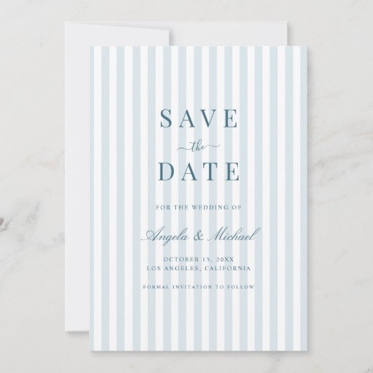 Save The Date Mariage Timeless Luxe Écriture Rayures Bleues (Devant)