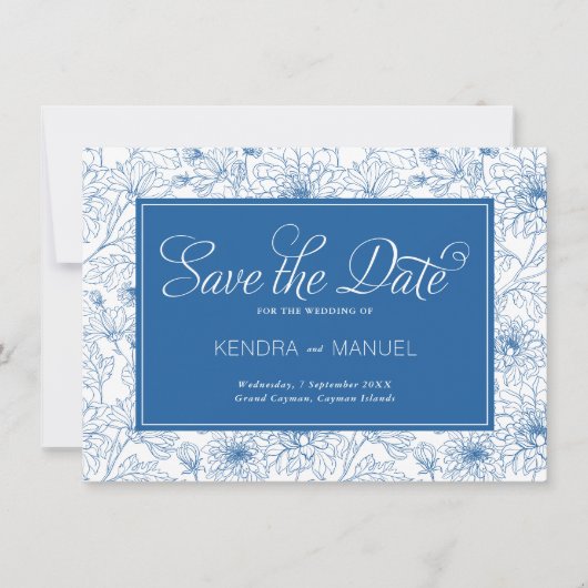 Save The Date Mariage Toile de Delft Bleu Floral Chinoiserie (Devant)