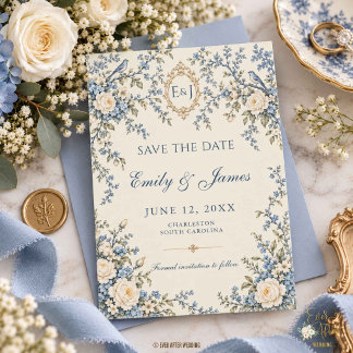 Save The Date Mariage Toile Florale Rococo Bleu Français Antique