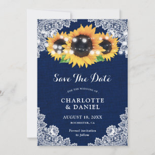 Save The Date Mariage Tournesol Bleu Marine Burlap Dentelle