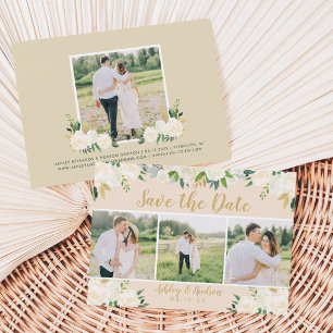 Save The Date Mariage Trois Photos Écriture Dorée Florale Rose