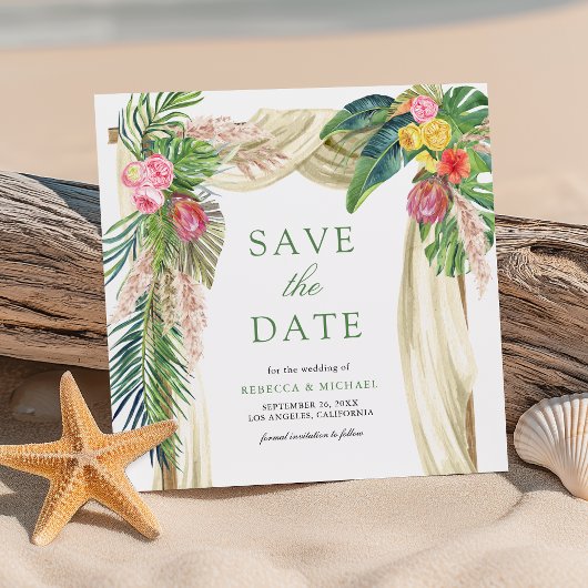 Save The Date Mariage tropical à la plage bohème sous une arche