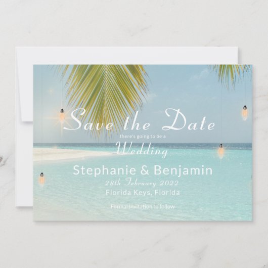 Save The Date Mariage Tropical Beach Turquoise Palm Tree (Devant)