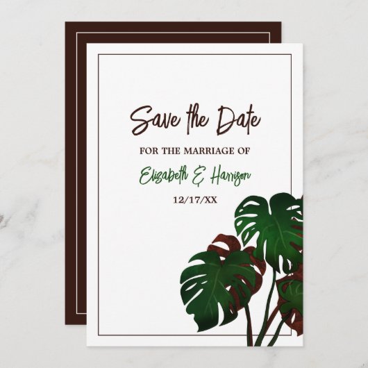 Save The Date Mariage tropical de la plage de Monstera (Devant / Derrière)