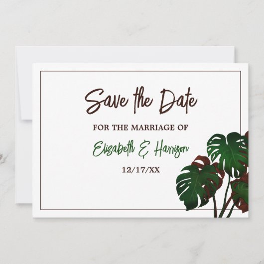 Save The Date Mariage tropical de la plage de Monstera (Devant)
