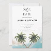 Save The Date Mariage tropical de plage aquarelle bleue et or (Devant)