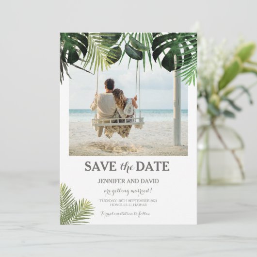 Save The Date Mariage tropical Enregistrer la date Photo Fern Mo (Debout devant)