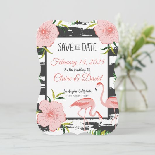 Save The Date Mariage Tropical Flamant Rose (Debout devant)