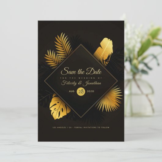 Save The Date Mariage Tropical Noir et Or (Debout devant)