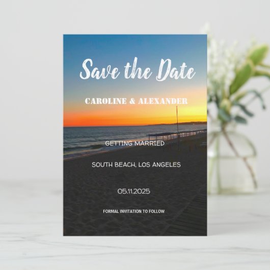 Save The Date Mariage tropical océanique moderne Sunset Summer (Debout devant)