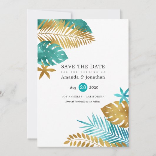 Save The Date Mariage Tropical turquoise et Gold Foil (Devant)