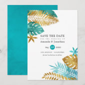 Save The Date Mariage Tropical turquoise et Gold Foil (Devant / Derrière)