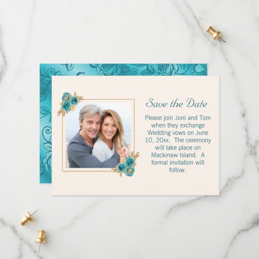 Save The Date Mariage turquoise et or Floral RSVP Enregistrer la (Devant/Arrière en situation)