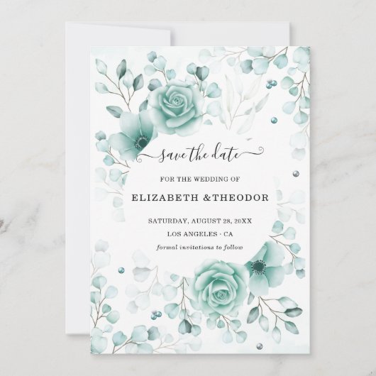 Save The Date Mariage turquoise et sauge vert (Devant)