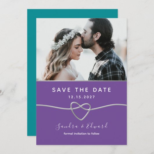 Save The Date Mariage turquoise et violet (Devant / Derrière)