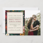 Save The Date Mariage Turquoise floral peint bleu foncé bordeaux (Devant)