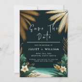 Save The Date Mariage Turquoise Palm Beach Vert et Or (Devant)