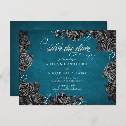 Save The Date Mariage turquoise Rose noir (Devant / Derrière)