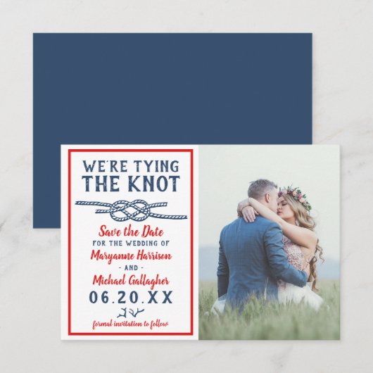 Save The Date Mariage Tying Knot Beach Photo Marine bleu rouge (Devant / Derrière)