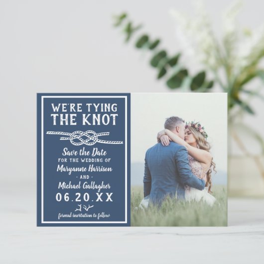 Save The Date Mariage Tying Knot Simple Photo marine (Debout devant)