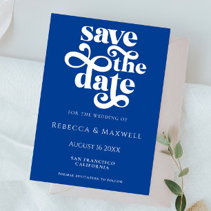 Save The Date Mariage Typographie Rétro Bleu Cobalt Moderne