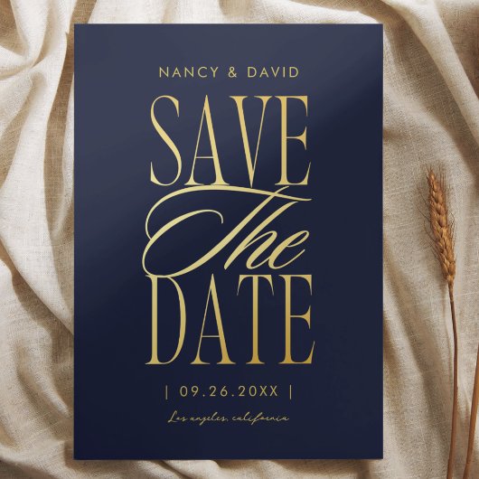 Save The Date Mariage Typographie Script Bleu Marine Et Or