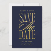 Save The Date Mariage Typographie Script Bleu Marine Et Or (Devant)