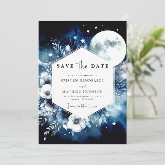 Save The Date Mariage unique à éclairage lune minimal (Debout devant)