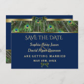 Save The Date Mariage unique bleu marine plumes de paon or (Devant / Derrière)
