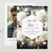 Save The Date Mariage unique Digital White Roses (Devant / Derrière)