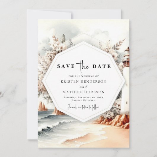 Save The Date Mariage unique Ocean Romance Lighthouse (Devant)