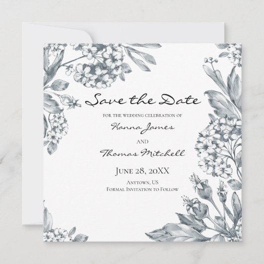 Save The Date Mariage végétal vintage gris (Devant)