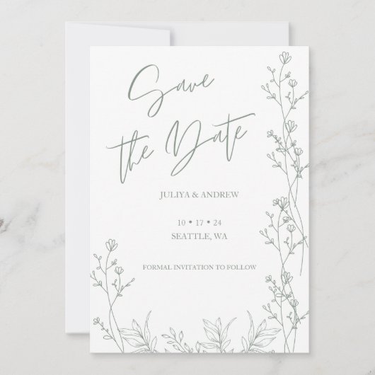 Save The Date Mariage vert blanc et saga (Devant)