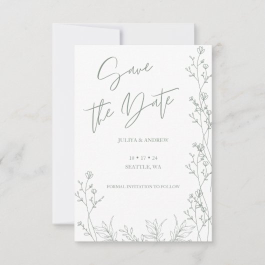 Save The Date Mariage vert blanc et saga (Devant)