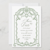 Save The Date Mariage vert de l'âge orné victorien Grace Floral (Devant)