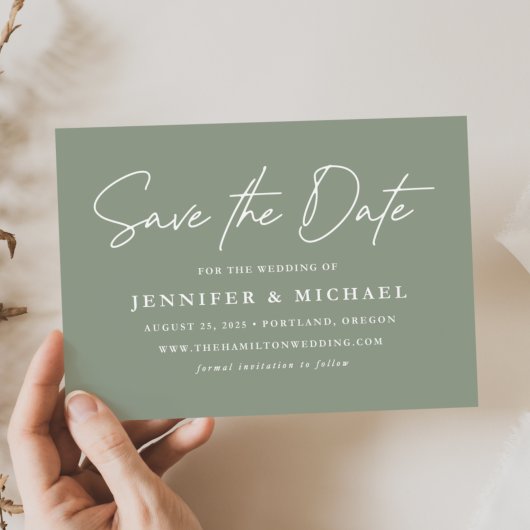 Save The Date Mariage vert décontracté Script Sage