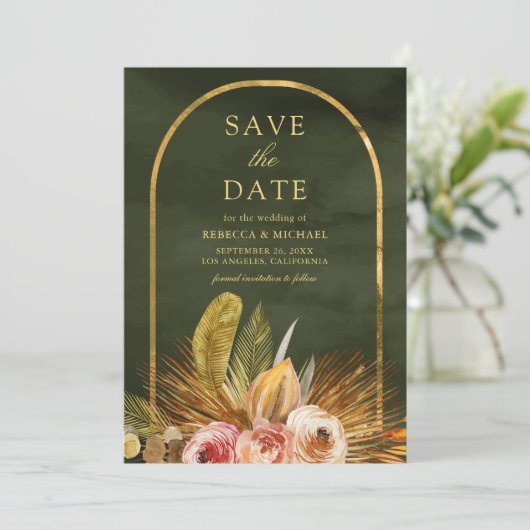 Save The Date Mariage vert Earl Floral Arch Gold Sage (Debout devant)