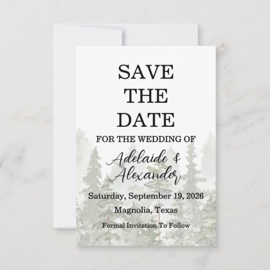 Save The Date Mariage Vert Forêt Bois Rustique  (Devant)